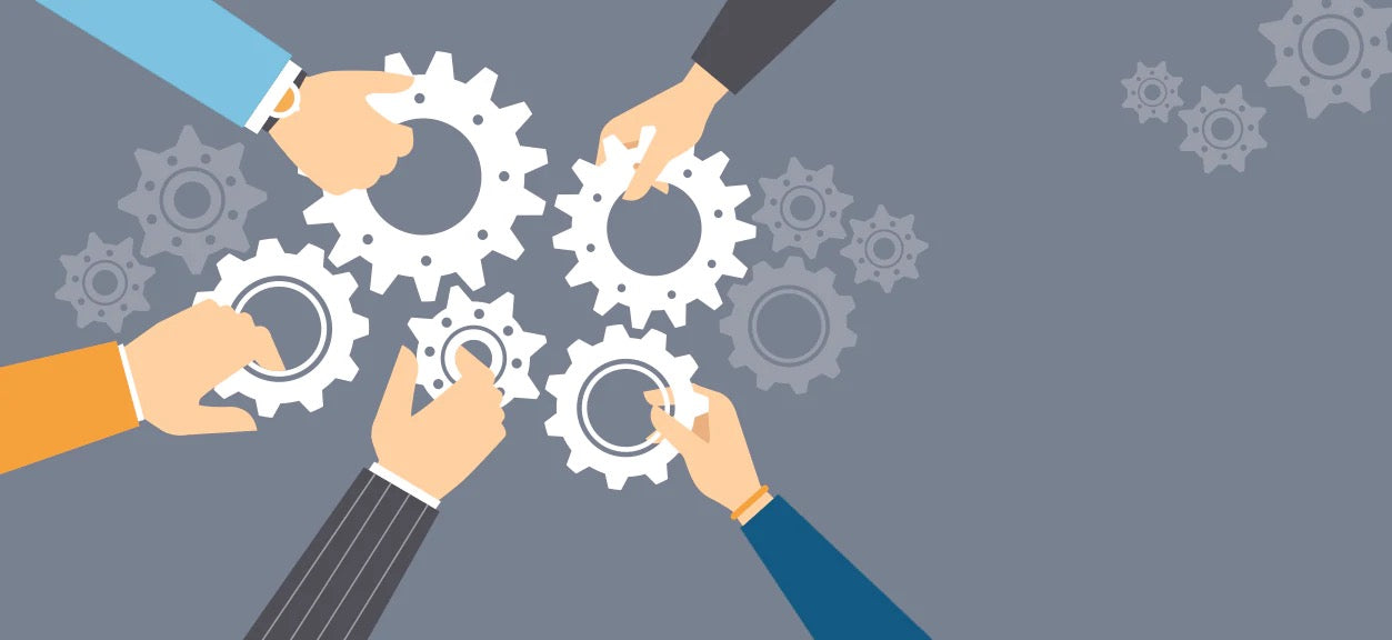 Teamwork (ilustration of hands touching gears)